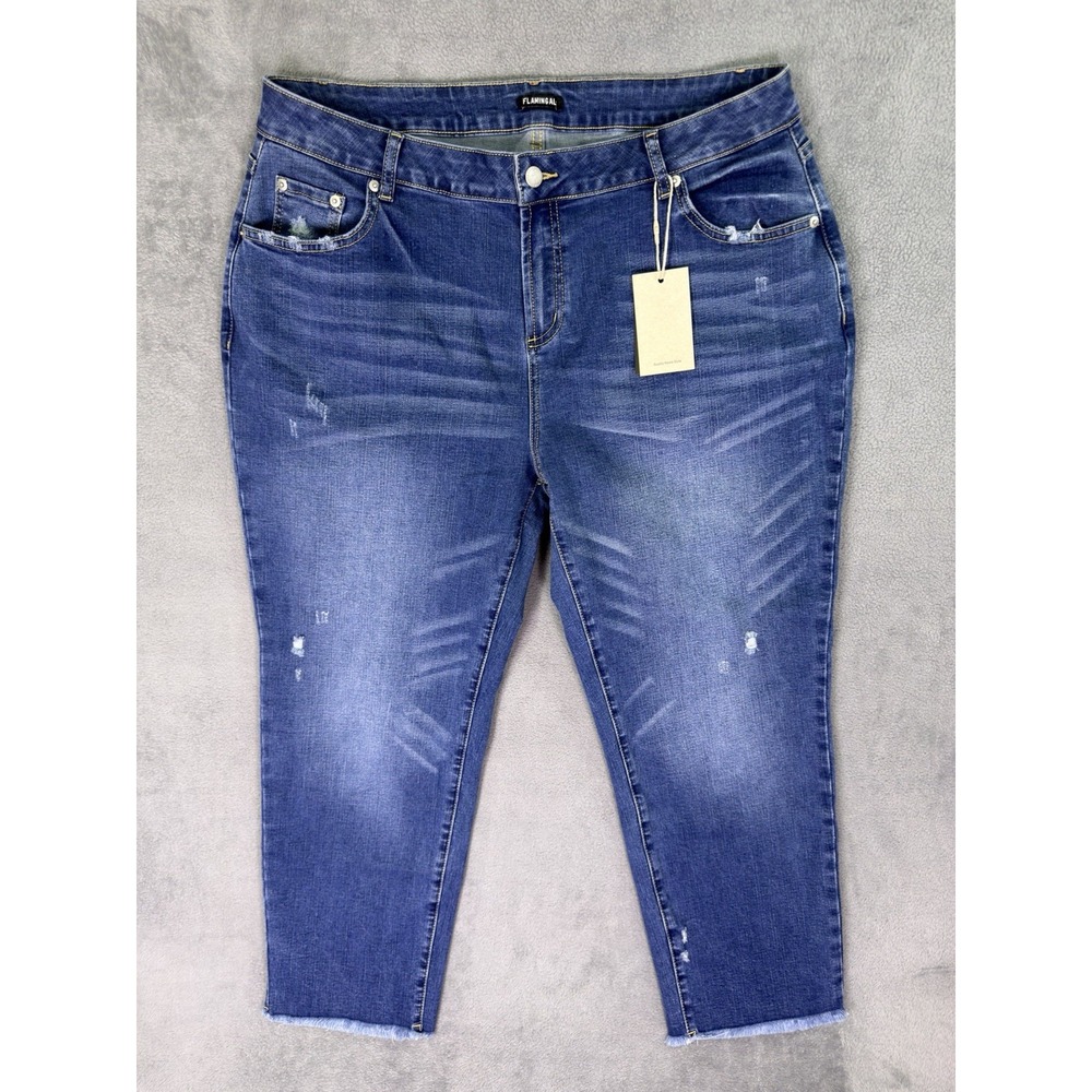 New Flamingals Jeans Womens 3XL Blue Dark Wash High Rise Straight Cropped Fringe